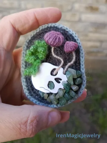 Macabre Crochet Brooch – Skull with Mushrooms & Stones $59.00