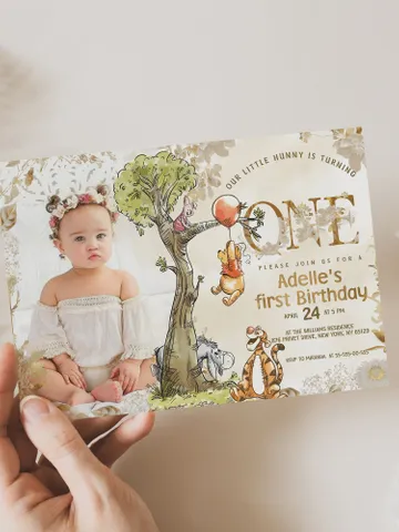 Winnie the Pooh Inspired First Birthday; Classic Winnie Pooh Invitations; Neutral Winnie Pooh Turning One; Winnie Pooh Birthday Party poom88 $12.78