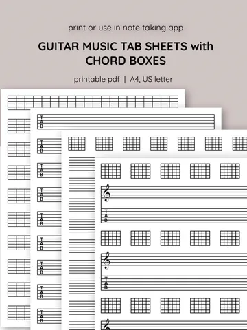 Set of guitar music sheet. Printable guitar tab paper. Blank guitar tab printable. Guitar tablature paper.