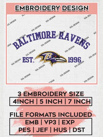 Baltimore Ravens Est 1996 Embroidery Design Files, NFL Ravens, NFL Embroidery Designs, NFL Baltimore Ravens Machine Embroidery Design, Digital Download $6.99