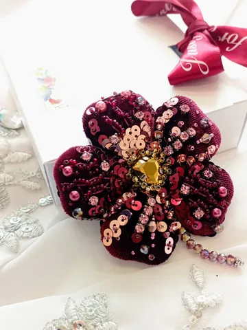 Beaded rhinestone flower brooch for women, crystal flower brooch, burgundy pin, gift for her, coworker gift, bag pin $49.00
