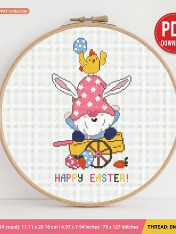 Happy Easter Cross stitch pattern, contemporary, Easter Bunny, Gnome beginner counted, modern chart, gift DIY, embroidery, instant PDF $5.94