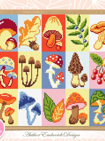 Mushroom cross stitch pattern PDF download Fall cross stitch chart, Scandinavian folk sampler patchwork, Mushroom pattern digital PDF #L57 $5.90