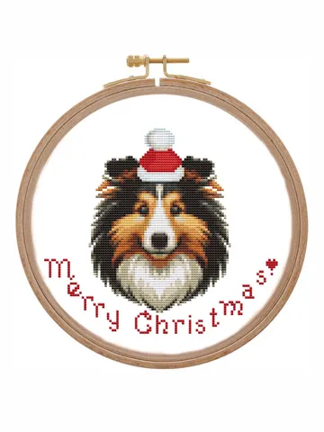 Christmas Shetland Sheepdog or Rough collie cross stitch patterns ornament Dog counted Xstitch chart in Santa hat cards realistic watercolor