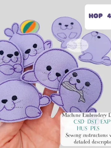 Finger Puppet Set Sea Lions Machine Embroidery ITH Design, 7 Felt Sea Animals + Ball, Educational Toys for Kids, Digital File $10.00