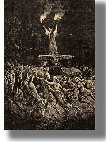 Goat presides over a witches' sabbath. The book "History of Magic" illustration. $21.00