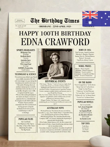 100th birthday newspaper 1925 printable poster australia 100th birthday gift for grandma 100th birthday party decorations vintage $15.00