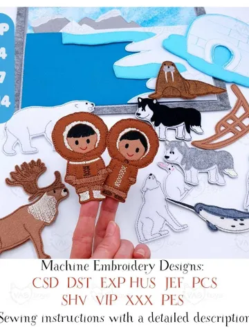 Arctic Quiet Book Page & Finger Puppets ITH Embroidery Design, North Pole Felt Play Set, Inuit, Arctic Animals, Educational Toy $30.00