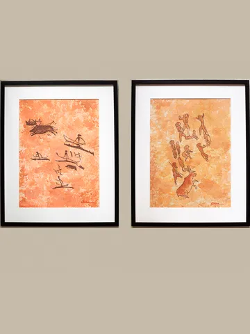 Boar hunting wall art | Original Pastel and Watercolor Artwork Ancient Cave Painting Style 30x40 cm | Hunters Prehistoric art | Handmade Artwork | Archers stylization of rock art | Drawings of a prehistoric man | Modular painting $210.00