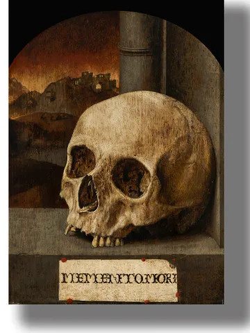 Medieval memento mori with skull. $21.00