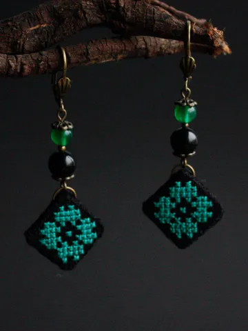 Irish emerald green earrings dangle leverback Celtic earrings shamrock four leaf clover Handmade Ukrainian jewelry black agate green jade $35.23