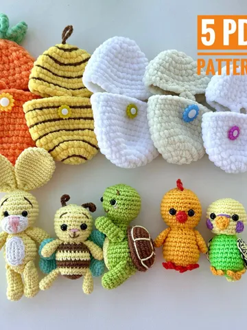 Crochet pattern Easter Bunny in carrot, chick, budgie and Turtle in egg, bee in beehive - Amigurumi plushie crochet patterns - English Pdf $26.66