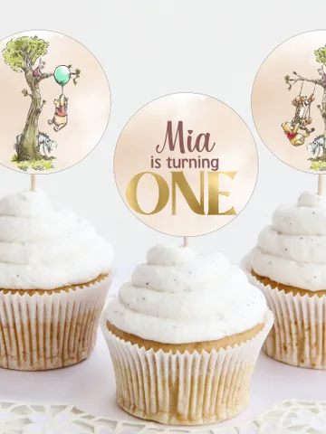Editable Cupcake topper Hundred Acre Wood First Birthday party cupcake label; Winnie the Pooh Party; Classic Pooh Birthday topper ; wp6 $10.45