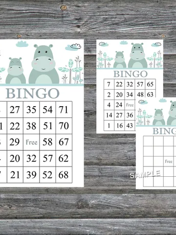 Blue Hippo bingo cards,Hippo bingo game,Hippo printable bingo cards,60 Bingo Cards,INSTANT DOWNLOAD--325 $3.95