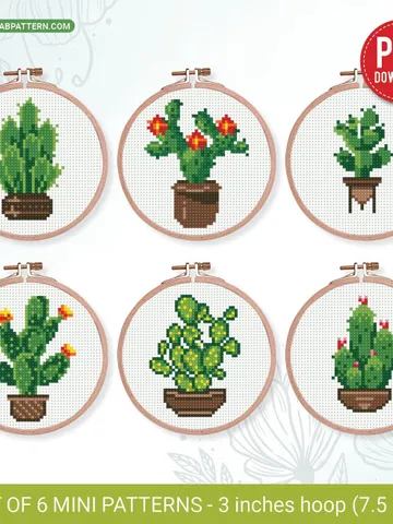 Bundle mini cactus 6 Cross stitch patterns, contemporary plant, Abstract, Floral, beginner, modern chart, gift DIY, embroidery, instant PDF $11.50