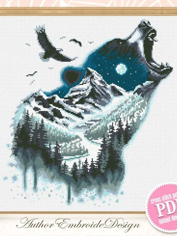 Wild grizzly bear cross stitch pattern PDF download Bear silhouette cross stitch chart, Animal pattern digital PDF, Mountain landscape #L78 $5.90