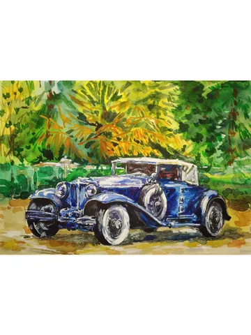 Retro Car Painting Watercolor Original Art Town Landscape Artwork Auto Painting 8 by 11 City Wall Art Above Sofa Art by TatianaArtShop
