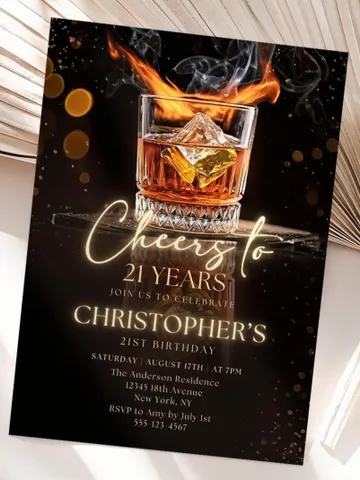 Whiskey Birthday Invitation, Surprise Party Adult, Cheers to 21 years, Cognac Scotch Liquor, Canva Editable Adult Men Birthday Invite $7.00