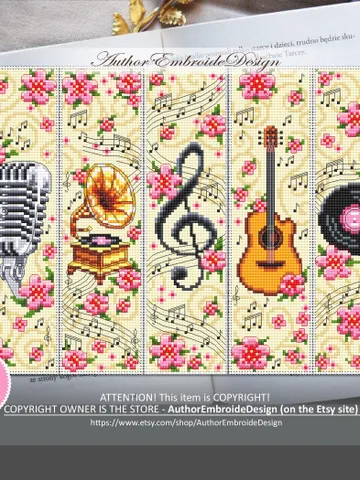 Music bookmark set cross stitch pattern PDF download Treble clef cross stitch chart, Flower bookmark pattern digital, Music lover gift #B412 $17.45
