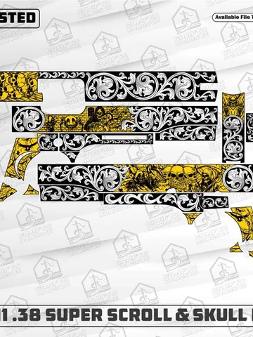 Colt1911 38 Super Scroll & Skull Design SVG: Laser Cut/Engrave Files $79.99