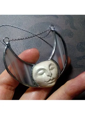 Stained glass moon, Moon Goddess, Moon phase necklace, Stainglass crescent, Full moon pendant, Moon face necklace $55.00