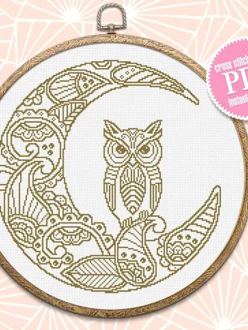 Crescent moon cross stitch pattern download PDF Mandala pattern PDF, Monochrome embroidery beginner, Owl cross stitch chart, Home decor #M95 $4.60