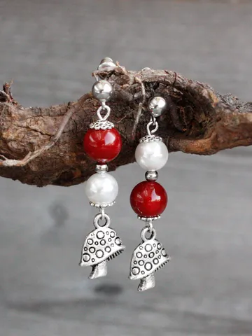 Red amanita mushroom earrings Pearl and coral earrings dangle studs Funky woodland cottagecore earrings Fly agarics jewelry