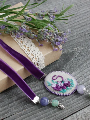 Purple custom velvet ribbon bookmark with charm dragonfly Unique lavender book mark personalized Cute floral herbalist gifts for booklover