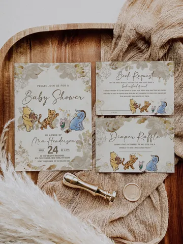 Classic Winnie Pooh Baby Shower Suite; Pooh Baby Shower Editable Template; Neutral Flowers Baby Shower Bundle; Baby Shower trend of 2023 $22.65