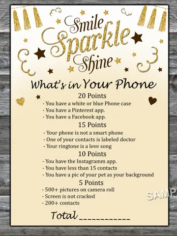 Sparkle and shine What's in Your Phone Birthday Party Game,Adult Birthday party game-fun games for her-Instant download $1.75
