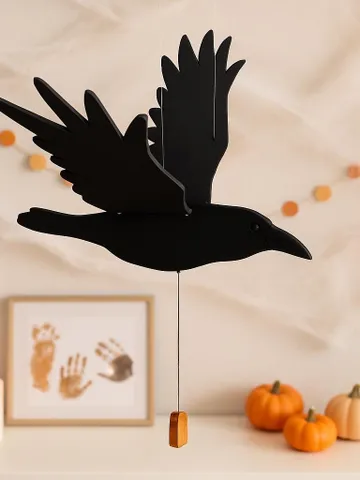 Halloween Raven Wooden Mobile – Spooky Black Bird Hanging Decor with Flapping Wings – Handmade Fall Ornament for Haunted Home $66.47