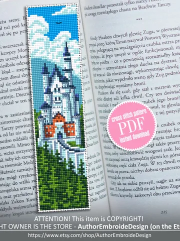 Bookmark cross stitch pattern PDF Neuschwanstein castle cross stitch chart Handmade bookmark digital Nature embroidery download PDF #B65 $4.40