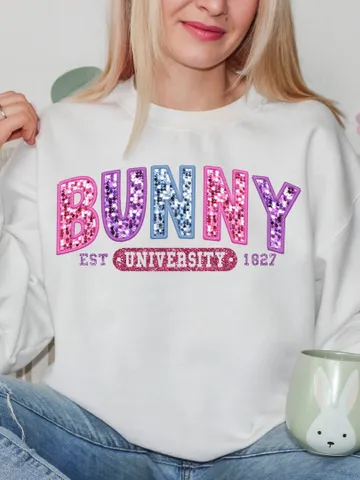 Trendy Bunny University, Embroidery Sparkly, Faux Sequins, Easter Png, Cute Easter Day Shirt, Trendy Easter Day Png, College Sublimation $3.34