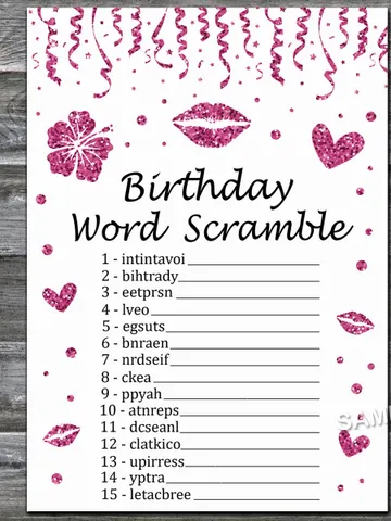 Pink glitter Birthday Word Scramble Game,Adult Birthday party game-fun games for her-Instant download $1.75