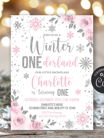 Winter Onederland Invitation Girl 1st Birthday Invitation, Winter Wonderland Birthday Invitation Floral First Birthday Silver Pink Snowflake $7.00
