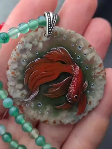 Necklace Siamese cockerel fighting fish Hand painted Christmas Gift Wrapping $110.00