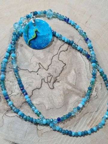 Seahorse necklace, surfer jewelry, sea wave miniature painting on pearl pendant $35.00