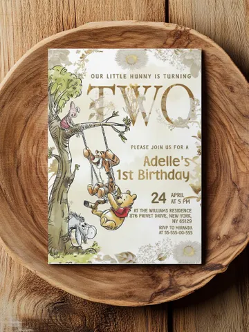 2nd Birthday Winnie the Pooh Inspired ; Classic Winnie Pooh Invitations; Neutral Winnie Pooh Turning two; Winnie Pooh Birthday Party poom88 $12.78
