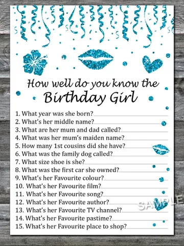 Blue glitter How well do you know the birthday girl,Adult Birthday party game-fun games for her-Instant download $1.75