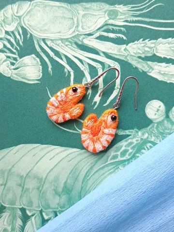 Shrimp Earrings Hand-Embroidered Unique Ocean-Inspired Jewelry Quirky Accessory Seafood Dangles Beach Accessories Food Jewelry Coastal Gift $65.00