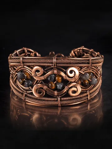 Copper wire wrapped bracelet with Tiger's Eye and Larvikitet - WireWrapArt $85.00