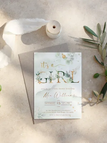 It's a Girl Baby Shower Invitation Template; Greenery Girl baby shower; Green Gold Leaves Baby Girl Invite; Botanical Eucalyptus Baby Shower $11.62