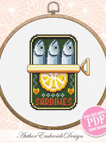 Sardines in a can cross stitch pattern PDF download Tinned sardines cross stitch chart, Small fish pattern digital, Funny kitchen decor #F25 $3.40