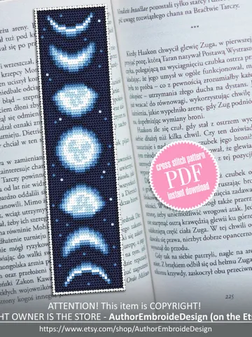 Moon bookmark cross stitch pattern download PDF, Handmade bookmark embroidery PDF, Moon phases cross stitch chart, Starry night sky #B83 $4.40