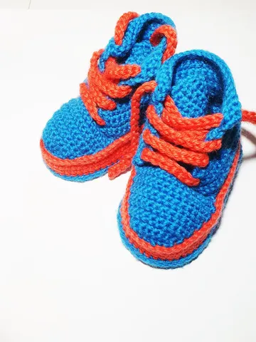 Hand Knitted Baby Booties – Blue and Orange Crochet Shoes, Newborn Gift, Soft Natural Yarn, Unique Baby Celebration Present