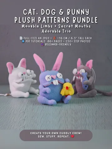 PDF Plush Toy Patterns – Fleece Softies Trio (Cat, Dog, Bunny) $26.00