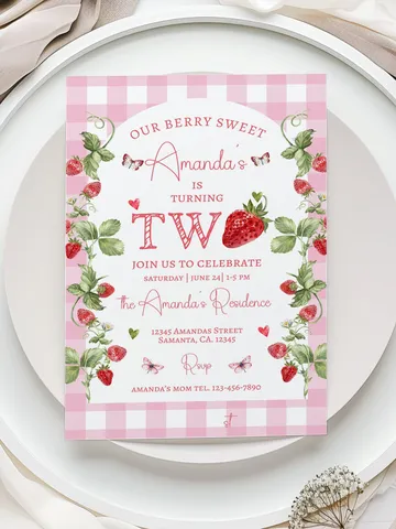 Editable Strawberry Two Sweet 2nd Birthday Party Invitation Berry First Birthday Invitation Summer Berries 2nd Birthday Instant Download $7.00