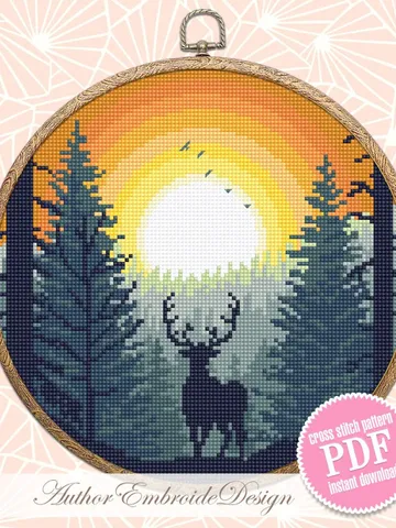 Nature landscape cross stitch pattern PDF download Deer in forest cross stitch chart, Forest sunset pattern digital PDF Deer silhouette #L75 $4.60
