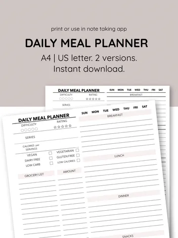 Daily meal planner Grocery list Food allergy diary Daily menu. Menu planner sheet. Nutrition journal. Weight loss menu