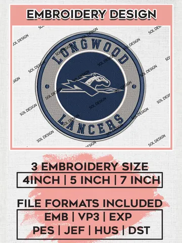 NCAA Longwood Lancers Round Logo Embroidery, NCAA Longwood Lancers Logo Embroidery files, NCAA Teams, Machine embroidery designs, Digital Download $6.99